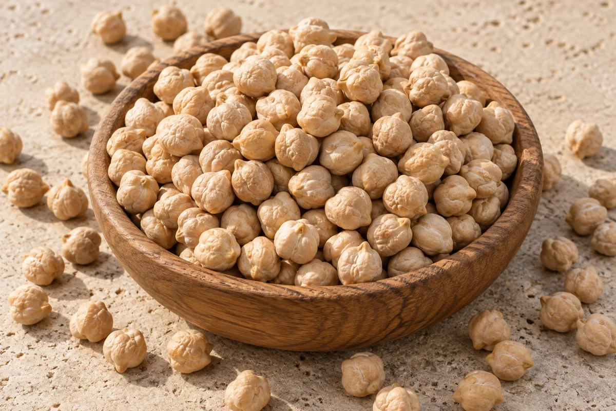 Chickpeas in a wooden bowl on a light stone surface