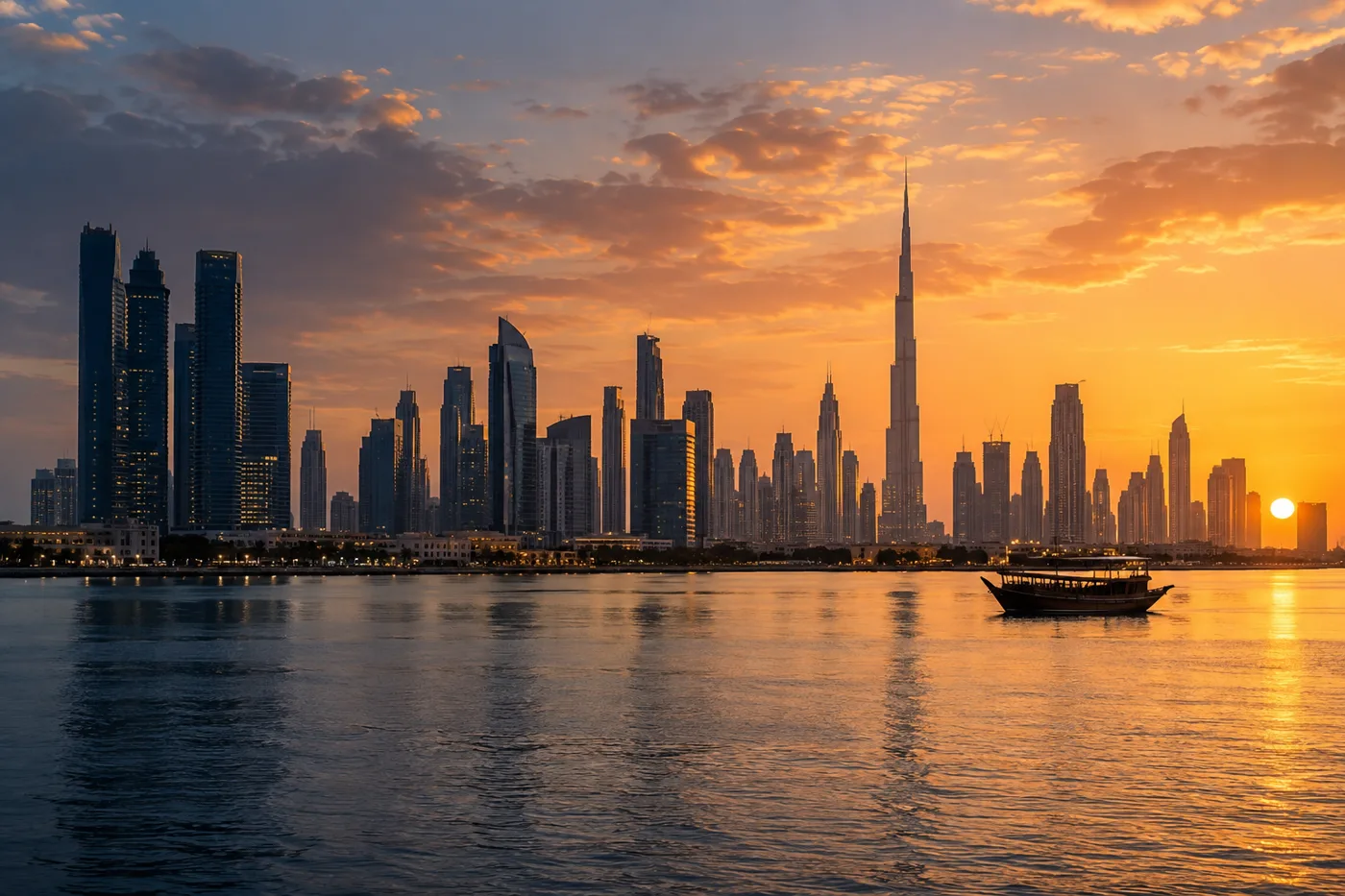 Illustrative Dubai skyline at sunset across the water