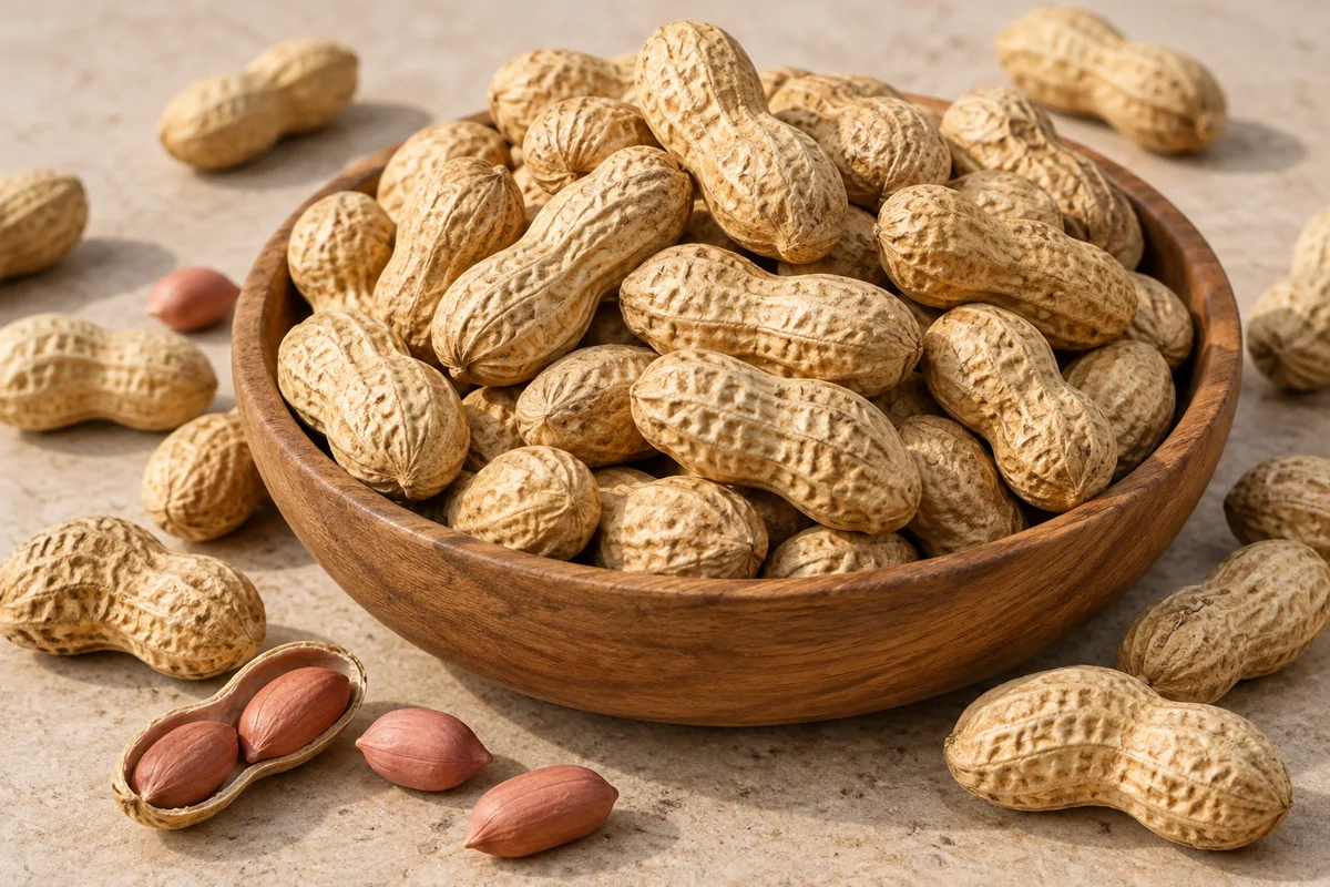 Groundnuts in a wooden bowl on a light stone surface