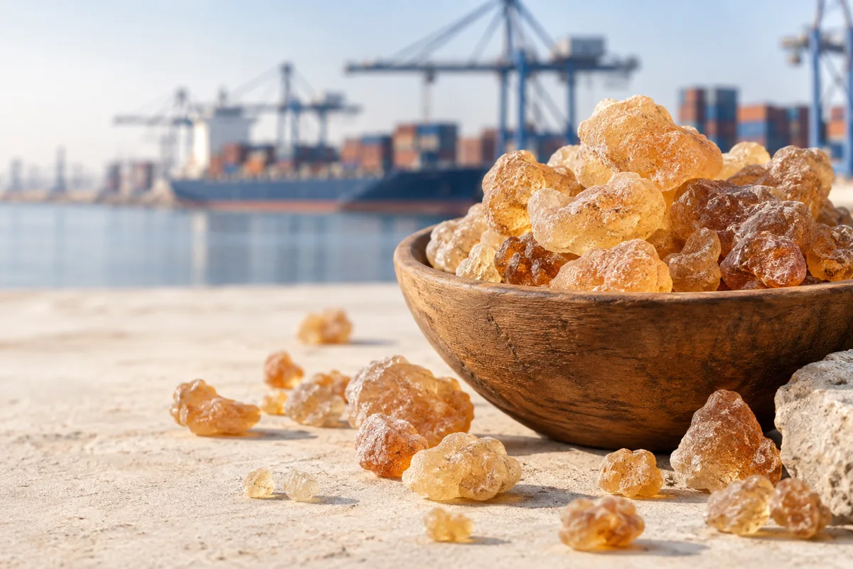 Amber gum Arabic pieces in a wooden bowl, with a blurred shipping port
