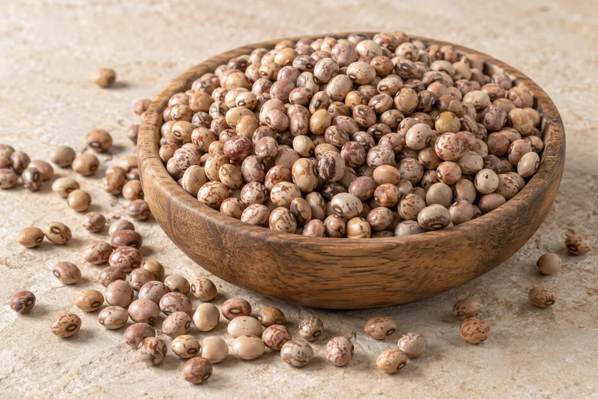 Pigeon Peas in a wooden bowl on a light stone surface