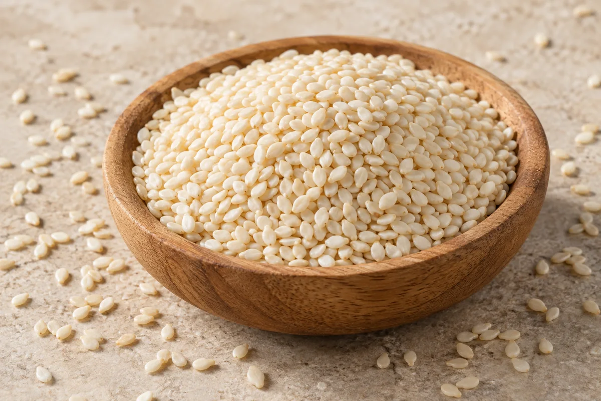 Sesame Seeds in a wooden bowl on a light stone surface