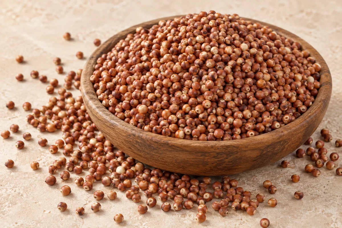 Sorghum in a wooden bowl on a light stone surface