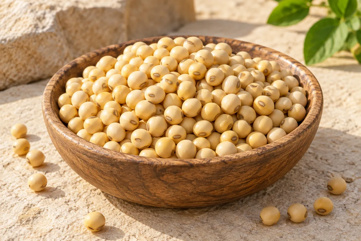 Soybeans in a wooden bowl on a light stone surface